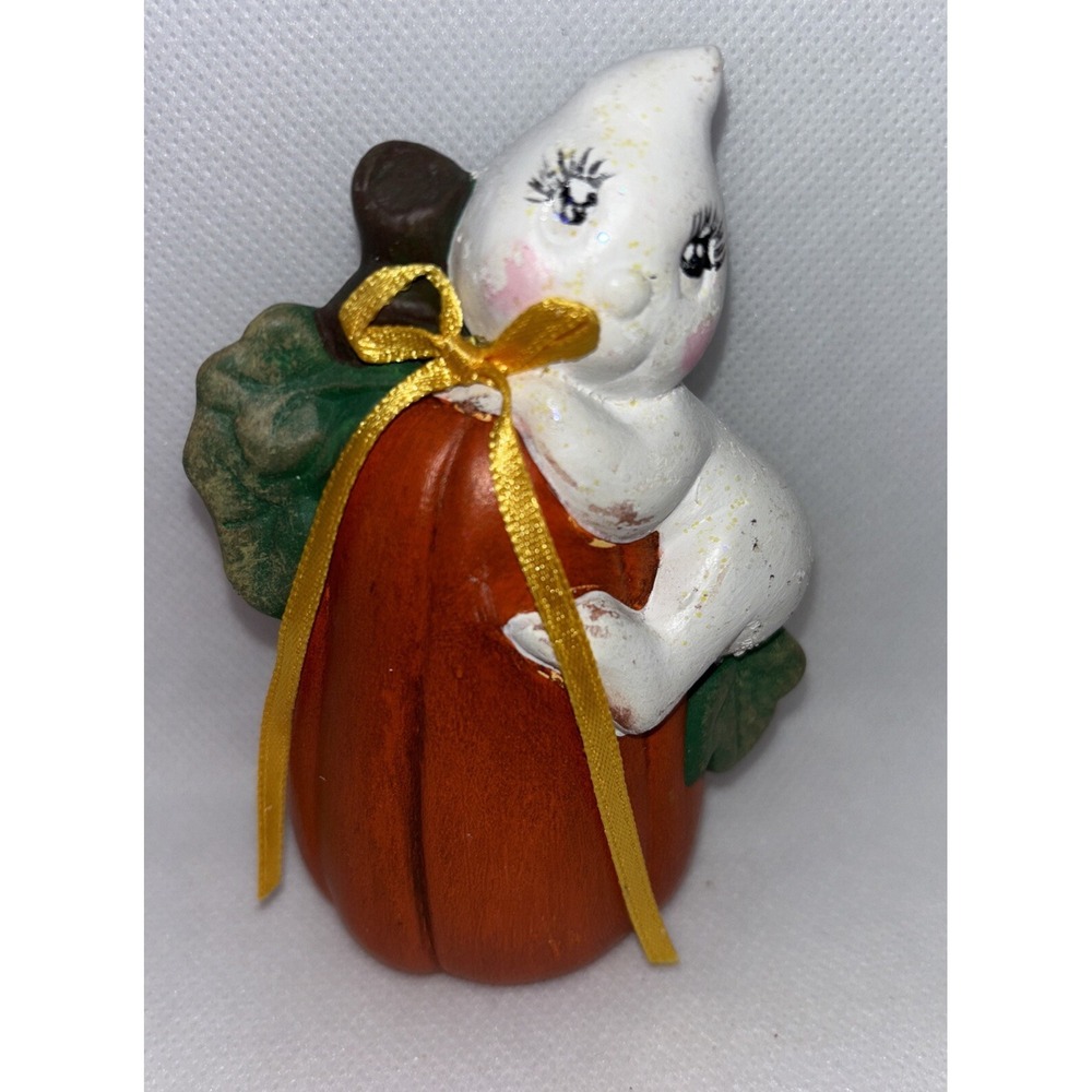 Hand Painted Ceramic Ghost on Pumpkin Figurine Halloween Decor Gold Bow Glitter